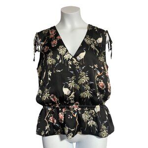 Banana Republic Shirt Womens Small Black Peplum Floral Crane Print